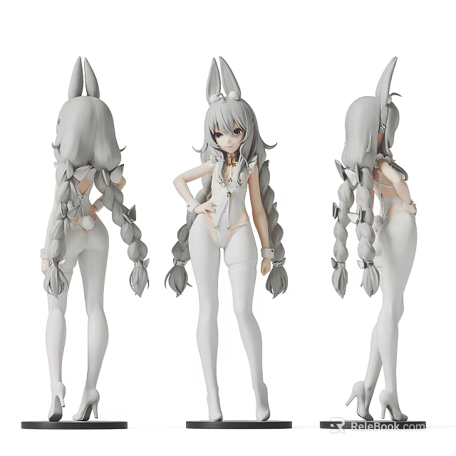 Anime Figure With Long Gray Hair Twin Braids Rabbit Ears White Bodysuit Multiple Angles View 3d model 