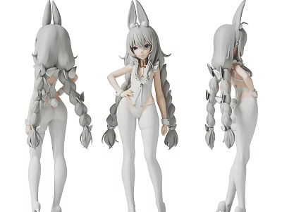 Anime Figure With Long Gray Hair Twin Braids Rabbit Ears White Bodysuit Multiple Angles View 3d model