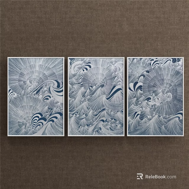 Blue And White Abstract Paintings With Wave Patterns Fan Shaped Elements Triptych Hanging On Wall 3d model