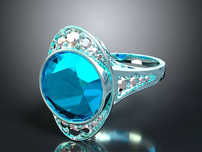 Silver Ring With Large Blue Gemstone And Surrounding Small Diamonds 3d model