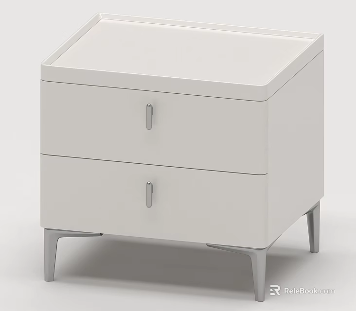 Modern White Bedside Table With Two Drawers Metal Handles And Slim Legs 3d model 