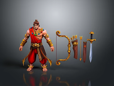 Game Movie Character In Red Costume With Golden Decorations And Bow Arrow Quiver Sword 3d model
