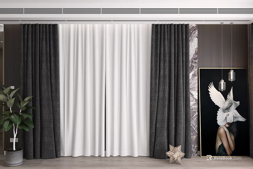 Gray And White Curtains In Modern Room With Potted Plant Framed Art And Star Decor 3d model 