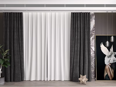 Gray And White Curtains In Modern Room With Potted Plant Framed Art And Star Decor 3d model