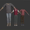 Three Mannequins Wearing Different Clothing Including T Shirt Vest Long Sleeve Shirt Pants And Shoes