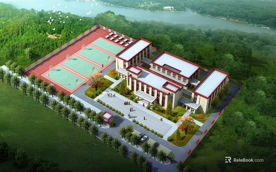 Modern School Building Complex With Green Surroundings Red Sports Court And Lake View 3d model 