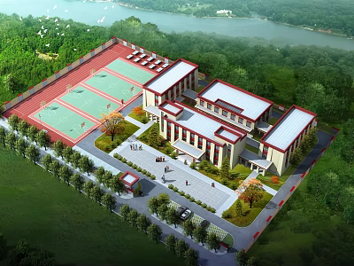 Modern School Building Complex With Green Surroundings Red Sports Court And Lake View 3d model