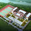 Modern School Building Complex With Green Surroundings Red Sports Court And Lake View