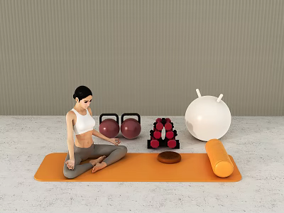 Sports Equipment With Yoga Mat Dumbbells Exercise Ball Foam Roller For Home Yoga Workouts 3d model