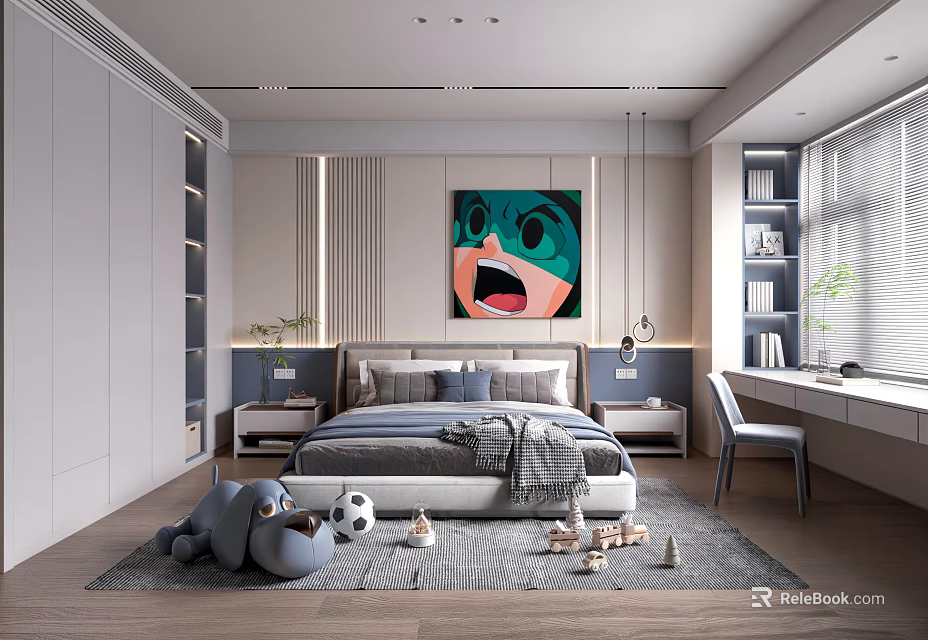 Modern Bedroom Interior Design With Bed Colorful Painting Wardrobe Desk Toys And Rug 3d model 