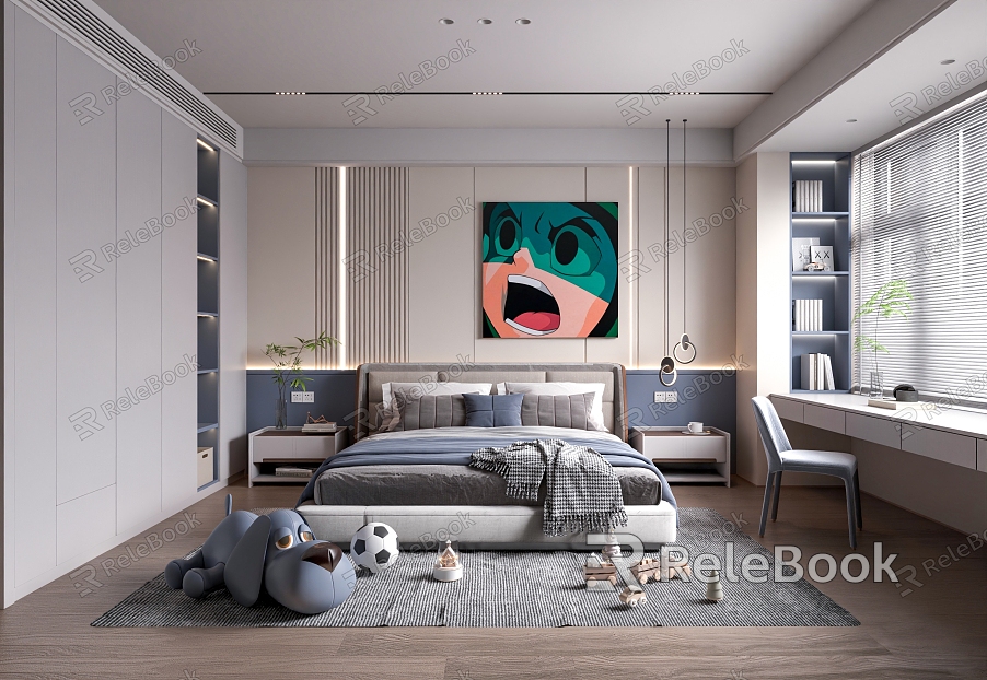 No Main Lamp Bedroom Advanced Grey Bedroom Boys Children's Room Blue Bedroom Light Luxury Simple Bedroom Wardrobe Bay Window Desk Black and White Grey Bedroom model