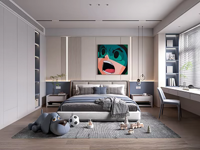 Modern Bedroom Interior Design With Bed Colorful Painting Wardrobe Desk Toys And Rug 3d model