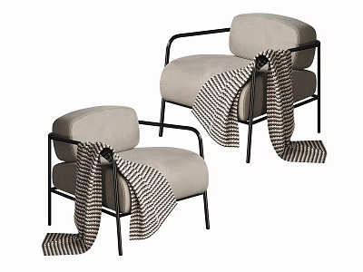Modern Light Gray Single Seater Sofa With Black Metal Frame And Striped Blanket 3d model
