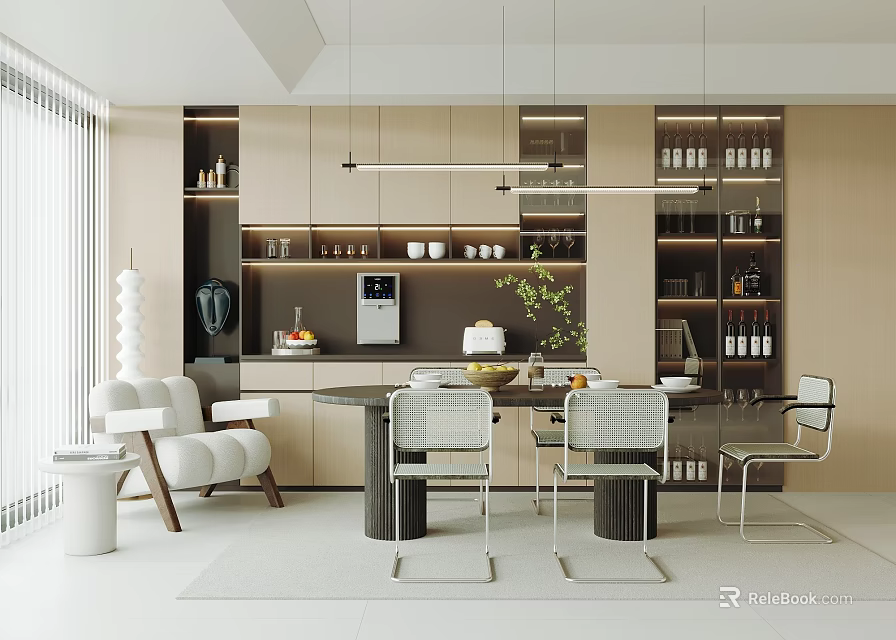 Modern Restaurant Interior With Wooden Cabinets Pendant Lights Dining Table Chairs And Green Plant 3d model 