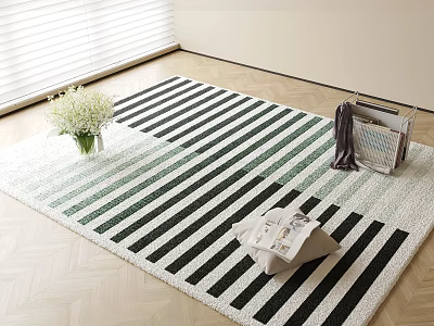 Square Rug With Black And White Stripes In Interior White Flowers Handbag Magazine Scarf 3d model