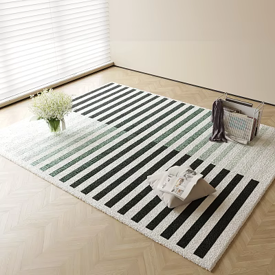 Square Rug With Black And White Stripes In Interior White Flowers Handbag Magazine Scarf 3d model