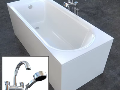 White Freestanding Bathtub with Chrome Faucet and Handheld Shower in Modern Design 3d model