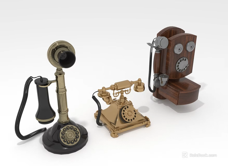 Three Vintage Telephones With Retro Designs And Diverse Materials For Digital 3d model 