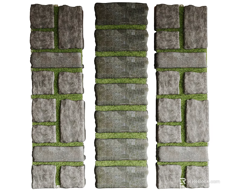 Garden Stepping Stones Path With Green Moss Between Natural Stone Slabs 3d model 