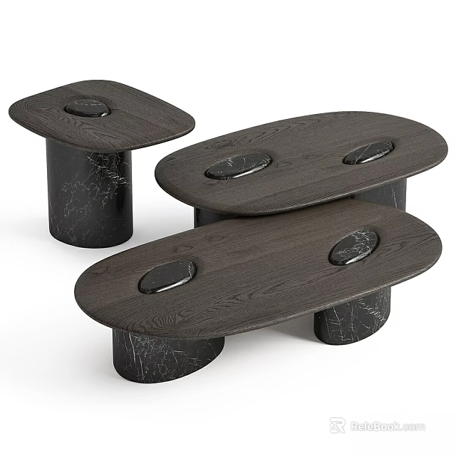 Modern Dark Wood Coffee Table Set With Black Marble Cylindrical Bases 3d model 