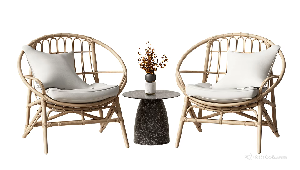 Rattan Leisure Chairs With Round Design White Cushions And Small Side Table With Dried Flowers 3d model 