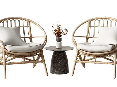 Rattan Leisure Chairs With Round Design White Cushions And Small Side Table With Dried Flowers 3d model