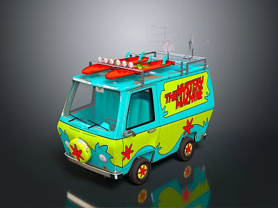 Cartoon Style Blue And Yellow Van With Surfboards On Roof And Mystery Machine Text 3d model