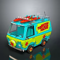 Cartoon Style Blue And Yellow Van With Surfboards On Roof And Mystery Machine Text