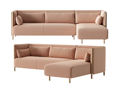 Modern Blush Pink Sectional Sofa with Upholstered Tufted Design Metal Legs and Accent Pillows 3d model