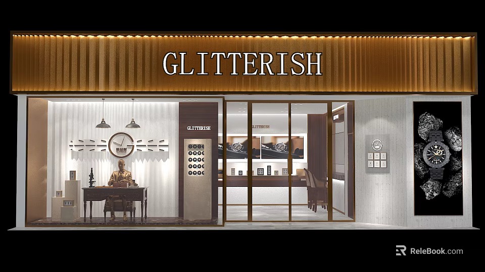 GLITTERISH Furniture Store with Golden Signage Glass Doors and Modern Interior Design 3d model 