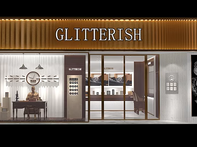 GLITTERISH Furniture Store with Golden Signage Glass Doors and Modern Interior Design 3d model