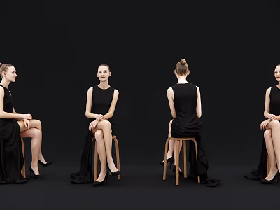 Women in Black Dresses Sitting on Chairs from Different Angles Against Black Background 3d model