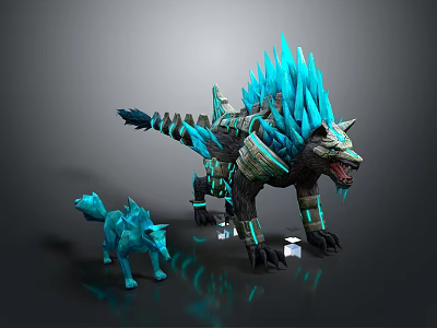 Large And Small Ice Crystal Mythical Beast Game Fantasy Characters With Glowing Blue Spikes 3d model