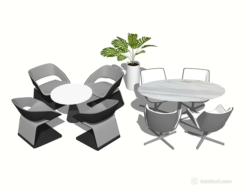 Modern Round Table and Chair Set with White Black Gray Design and Green Plant 3d model 
