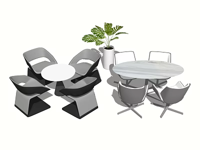 Modern Round Table and Chair Set with White Black Gray Design and Green Plant 3d model
