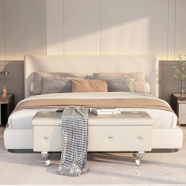 Modern Bedroom Interior With Upholstered Headboard Plaid Pillows Bench Side Table Lamp And Potted Plant 3d model 