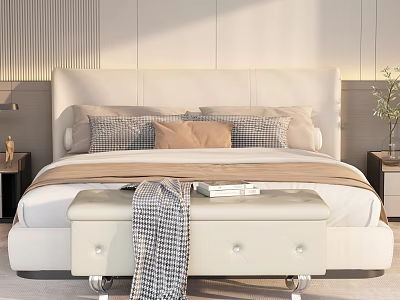 Modern Bedroom Interior With Upholstered Headboard Plaid Pillows Bench Side Table Lamp And Potted Plant 3d model