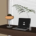 Modern Globe Table Lamp On Desk With Apple Laptop Green Plant Near Window Blinds