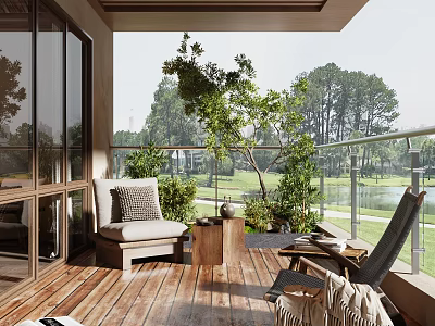 Villa Balcony with Wooden Deck Glass Railing Comfortable Loungers Green Plants and Lake View 3d model