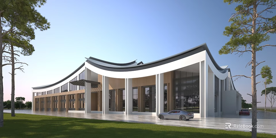 Modern School Building With Curved Wave Roof Large Glass Windows And Lawn Area 3d model 