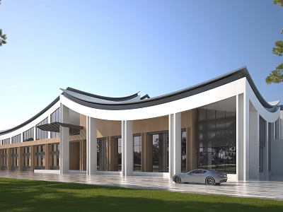 Modern School Building With Curved Wave Roof Large Glass Windows And Lawn Area 3d model