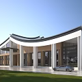Modern School Building With Curved Wave Roof Large Glass Windows And Lawn Area