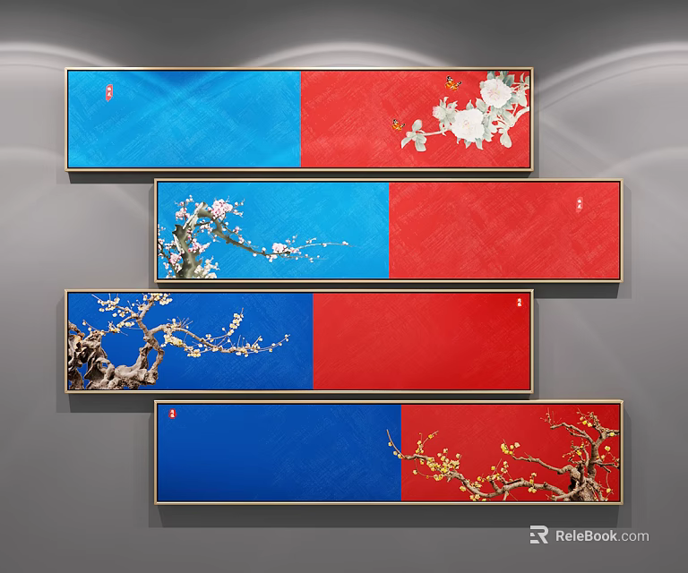 Botanical Plum Blossom Paintings With Red And Blue Backgrounds Wall Art 3d model 
