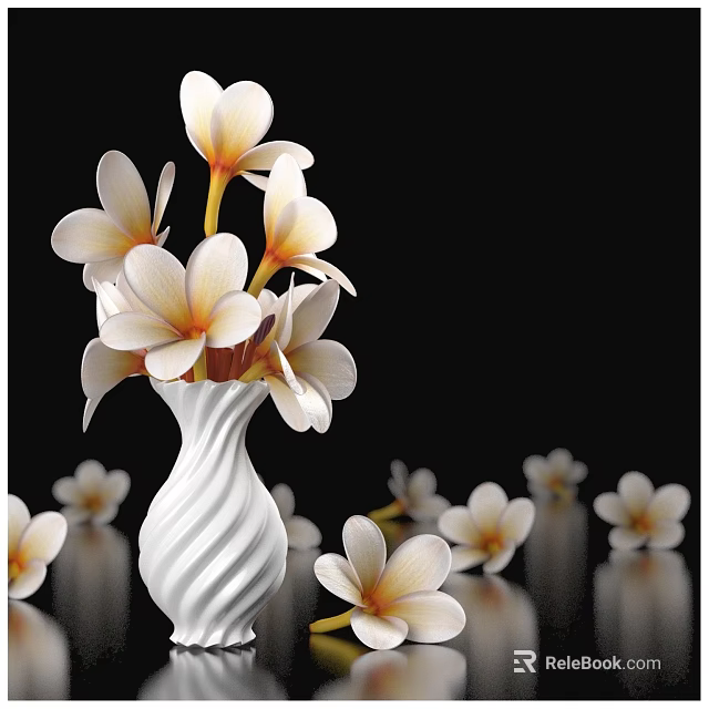 White Spiral Vase With Plumeria Flowers On Black Background And Scattered Petals For Elegant Decor 3d model 