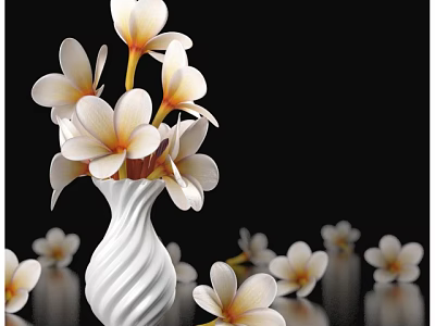 White Spiral Vase With Plumeria Flowers On Black Background And Scattered Petals For Elegant Decor 3d model