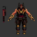 Muscular Armored Character With Yellow Red Armor And Mechanical Tools In Standing Pose