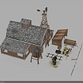 Farm Wooden Barn with Stone Tile Roof Windmill Water Well Wooden Shed Barrels and Tools