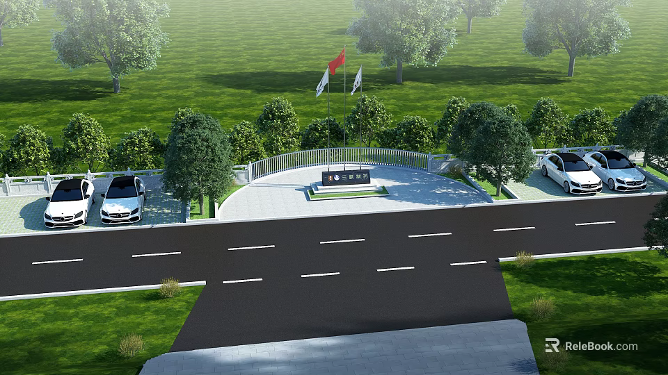 Scenic Green Outdoor Area With Trees Lawn Parking Cars Flags And Road 3d model 