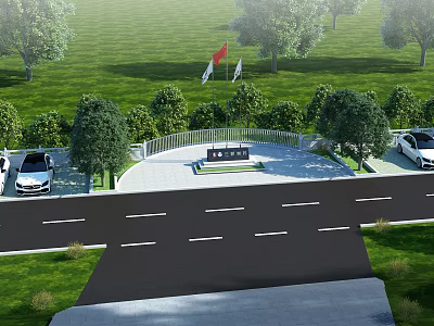 Scenic Green Outdoor Area With Trees Lawn Parking Cars Flags And Road 3d model