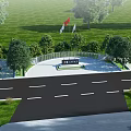 Scenic Green Outdoor Area With Trees Lawn Parking Cars Flags And Road